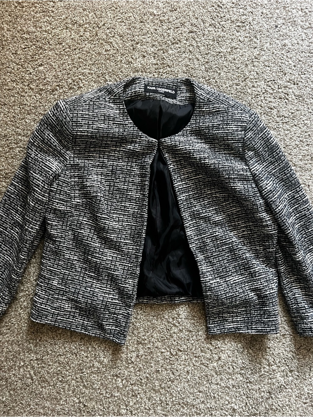 Karl Lagerfeld Black & White Tweed Open-Front Blazer